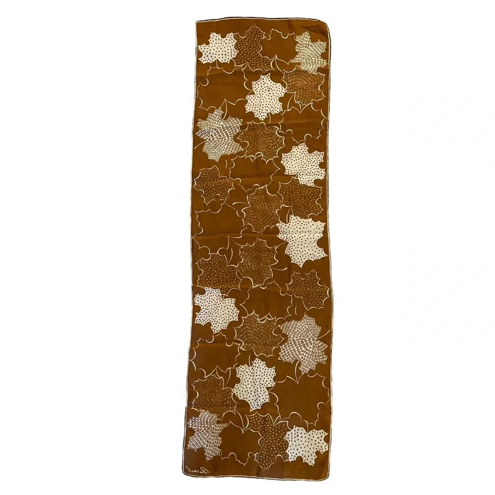 Burmel Vintage Silk Scarf Maple Leaf Brown Beige Hand Rolled Autumn Fall Canada